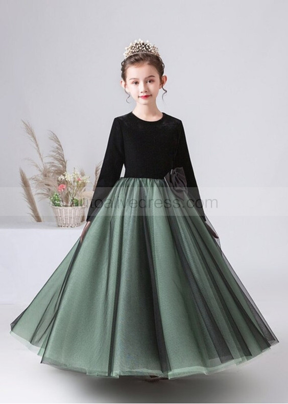 Long Sleeves Black And Green Velvet Tulle Flower Girl Dress